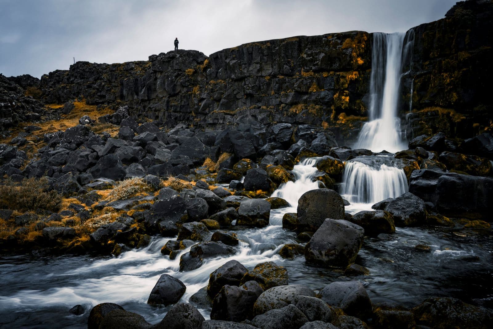Öxarárfoss waterfall falling over volcanic rock in Þingvellir National Park on the Golden Circle