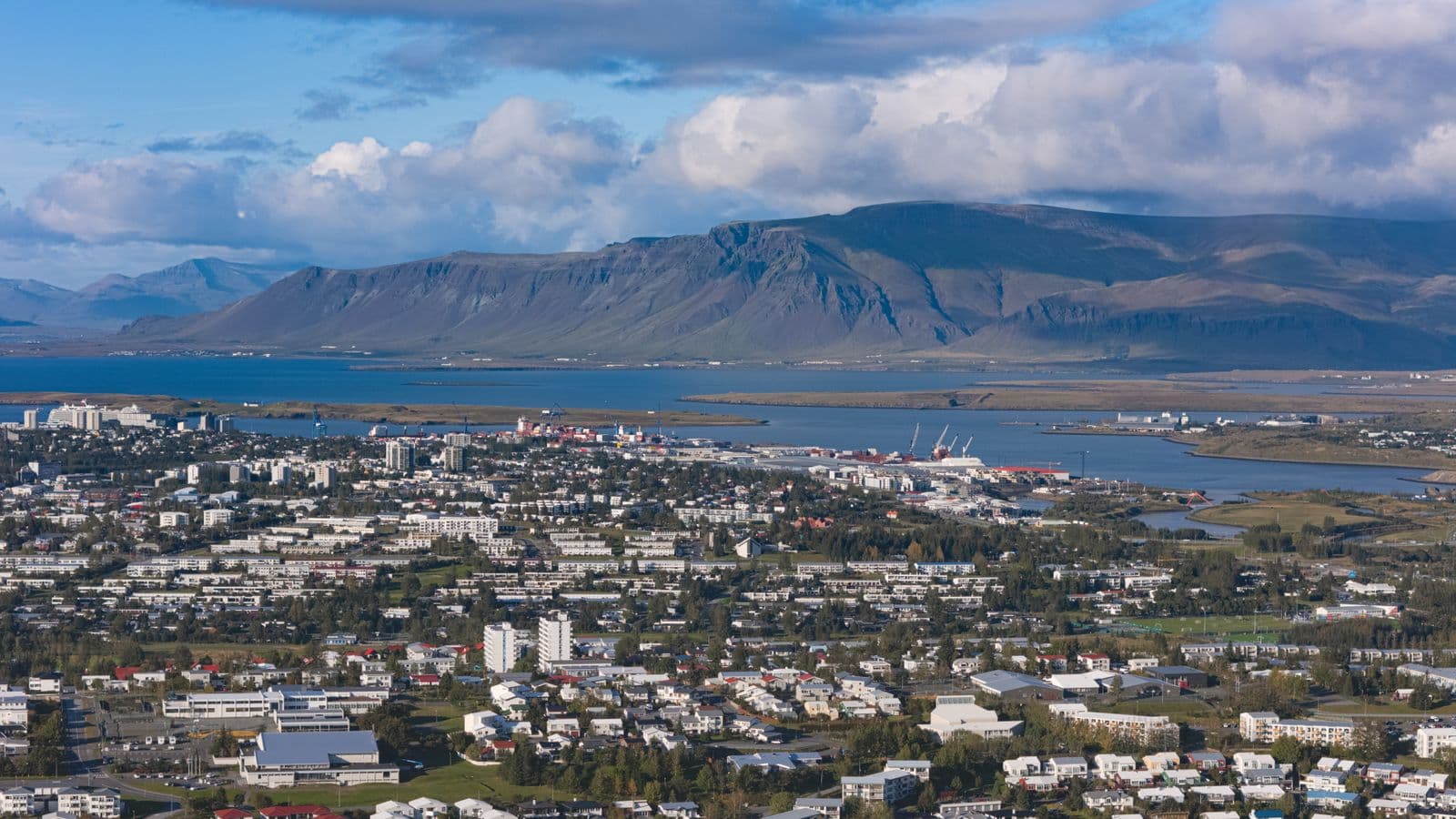 Aerial view of Reykjavík with the Esja mountain in the background
