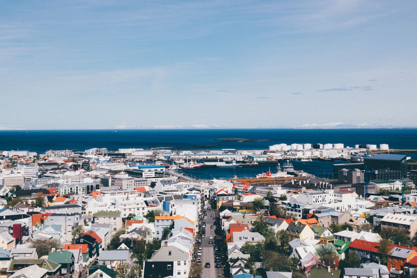 Rooftops of Reykjavík with the harbour and open sea beyond